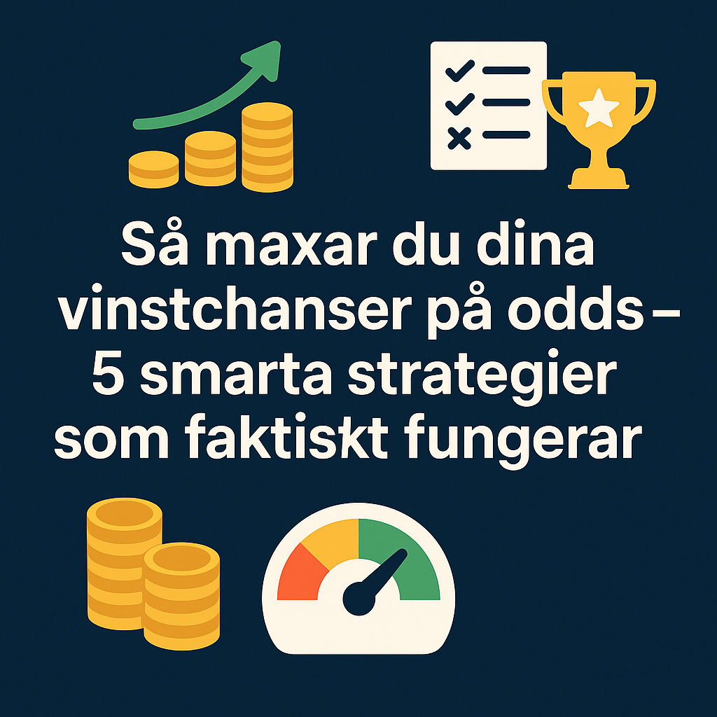Grafik med texten "Så maxar du dina vinstchanser på odds – 5 smarta strategier" samt ikoner för strategi, vinst och betting
