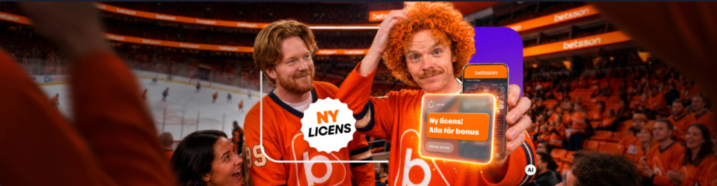 Betssons kampanjbild med två supportrar och texten ”Ny licens! Alla får bonus”.